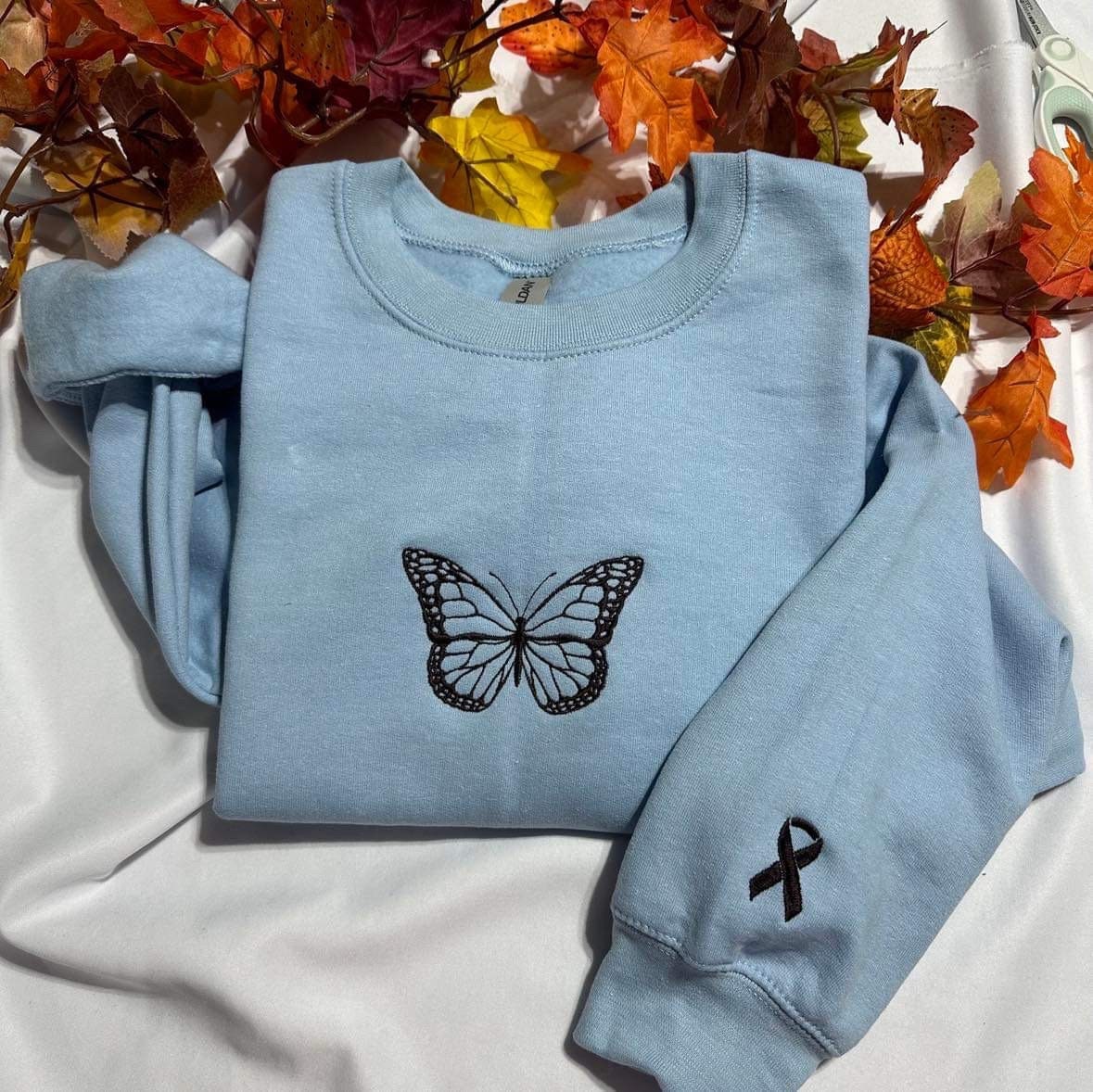 Butterfly with a ribbon on the sleeve embroidered sweatshirt; Breast Cancer awareness embroidered crewneck